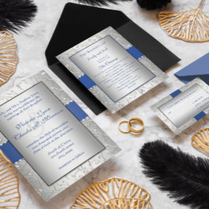 Blauer Silbertypografie Hochzeitsempfang Beilage Einladung