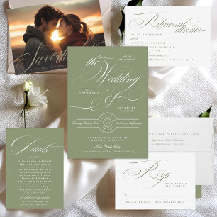 Classic Sage Green Calligrafy QR Code Two Foto Save The Date