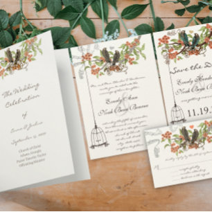 Peach Romantic Vintag Love Birds Hochzeit Einladung