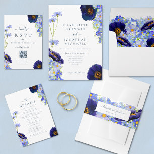 Elegante Wildblumen Blaue Hochzeitsdetails Begleitkarte