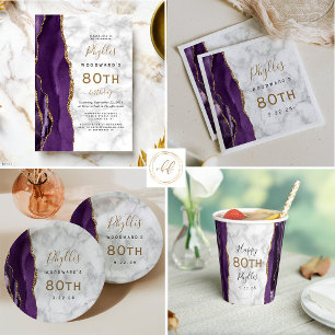 Lila Agate Marble Gold Script 80. Geburtstag Pappteller