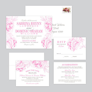 Elegante Fuchsia Pink und Gray Bloral Peony Weddin Save The Date