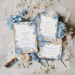 Blaue Rosen-Küstenhochzeit mit Seil RSVP Karte