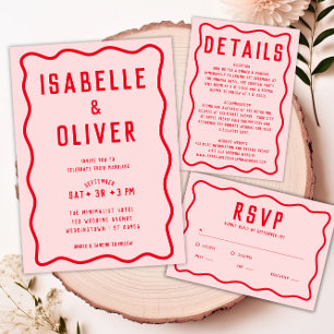 Dicke, hellrosa Rot Squiggle Wavy Retro Hochzeit Einladung