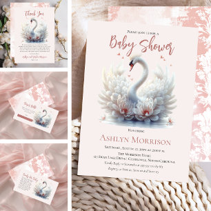 Schönes Swan Pink Floral Damask Girl Babydusche Dankeskarte