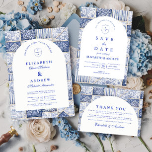 Delft Blaues Patchwork-Toile-Hochzeit Save The Date