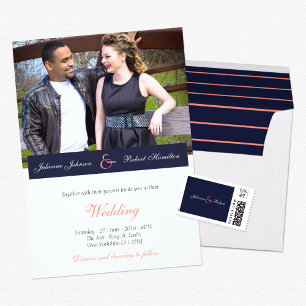 Hochzeitseinladung für Navy Blue and Coral Foto Einladung