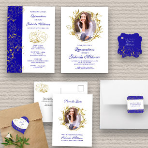 Elegant Royal Blue and Gold Foto Quinceanera Einladung