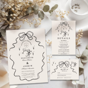 Doodle Champagne Whimsical Bow Wedding Dankeskarte