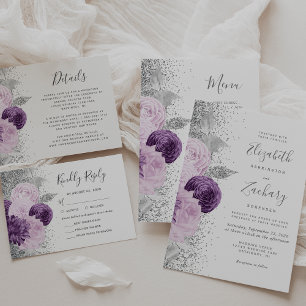 Blumiges Lila Silber Glitter Weiß Hochzeit Einladung