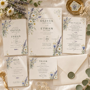 Wiesenhochzeit-Details Karte mit Wildblumen