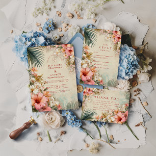 Tropische Florale Hochzeit am Traumziel Einladung