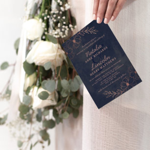 Navy Blue & Rose Gold Foil Blume Gerahmte Hochzeit Einladung