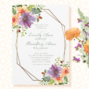 Pfirsich Lila Hauch Gold Aquarell Florale Hochzeit Einladung