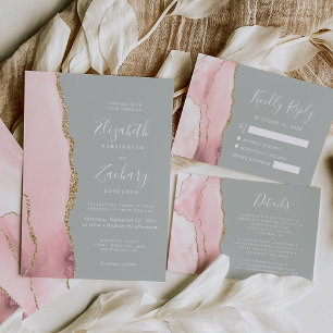 Blush Gold Agate Blale Sage Green Wedding RSVP Car