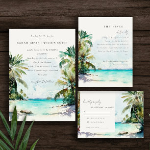 Tropical Sand Beach Watercolor Palmen Hochzeit All In One Einladung