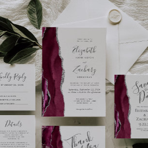 Moderne Burgundy Silver Agate Wedding RSVP Karte