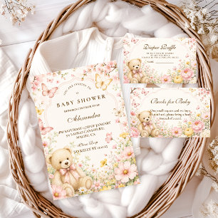 Skurriler Teddybär mit Blumen zur Babyparty Einladung