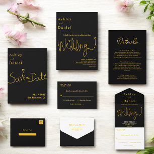 Elegante, einfache Schwarz-Gold-Hochzeit RSVP Karte