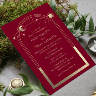 Mystical Burgundy Gold Sun Moon Star Space Save The Date