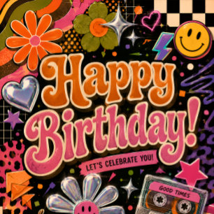 Farbenfrohes Retro-inspiriertes Design mit Typogra RSVP Karte