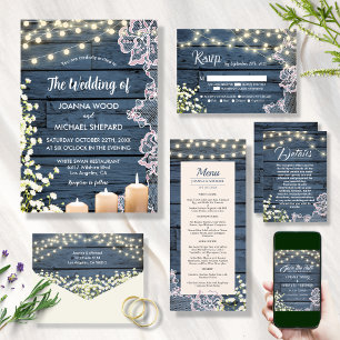 Lights Gipskraut & Lace Navy Blue Wood Wedding Einladung