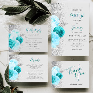 Chic Turquoise Floral Silver Glitzer Gray Wedding Einladung