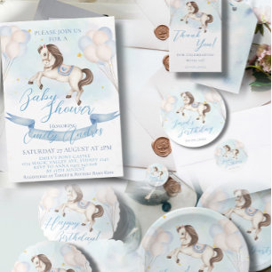 Mairytale Pony Stars Blue Balloons Baby Dusche Einladung