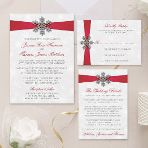 Diamante Snowflake & Red Ribbon Winter Wedding Folieneinladung