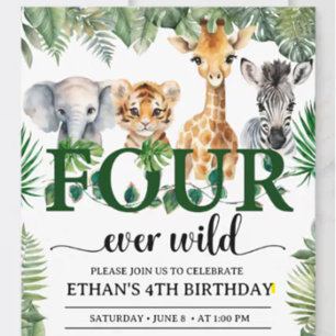 Vier immer wilde Safari-Dschungeltiere Kindergebur Einladung