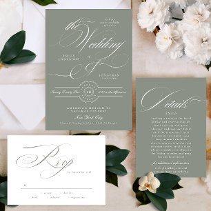 Formal Elegant Calligraphy Gray Green Wedding Einladung