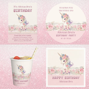 Niedliche Rosa Blume Girl Unicorn Geburtstag Pappbecher