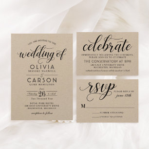 Moderne Kraft- und Schwarz-Script-Hochzeit RSVP Karte