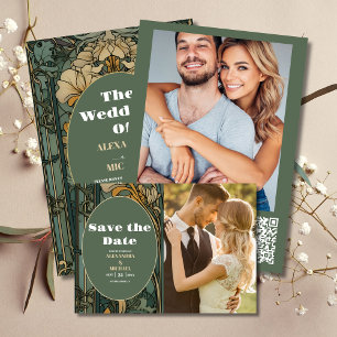 QR CodeVintage Floral Art Nouveau Wedding All In One Einladung