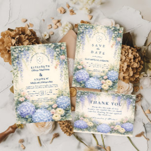 Hochzeit mit Blaue Hortensien und Elfenbeinrosen Einladung