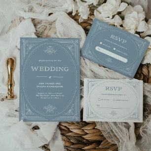 Moderner Deko   Elegante White and Dusty Blue Wedd Einladung