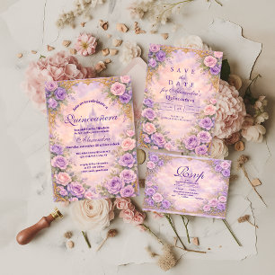 Lavendel-Roségold-Garten-Quinceañera Einladung
