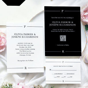 Moderne Linien und Monogramm Schwarz-Weiß-Hochzeit RSVP Karte