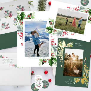 Moderne Weihnachten Florals grün und Gold Folien Feiertagskarte