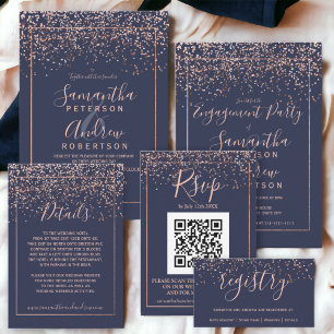 Rose gold Konfetti marineblaue Typografie Verlobun Einladung