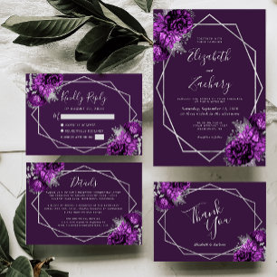 Lila Blumige Silberne Geometrische Hochzeit Dankeskarte