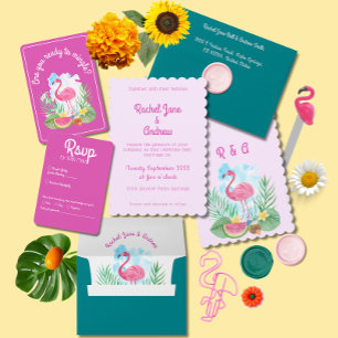 Tropical Watercolor Flamingo Pink Palm Wedding Einladung