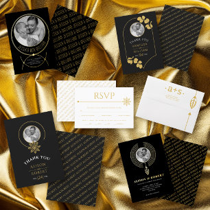 Goldrahmen mit Foto- und Blattweiße Hochzeit Folieneinladung