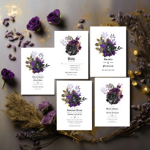Black Lila Gold Floral Gothic Wedding RSVP Karte