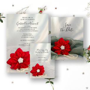 Red Poinsettia White Pearls Winter Wedding UAWG RSVP Karte