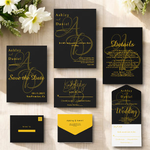 Minimale Schwarz-Gold-Monogramm-Delikatesse Einladung