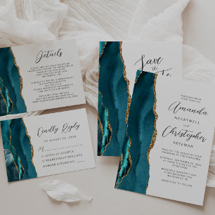 Achat Teal Blau Gold Schrift Hochzeit Einladung