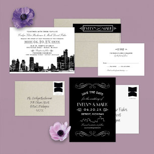 Detroit Skyline Vintag Art Deco Black Wedding Save The Date