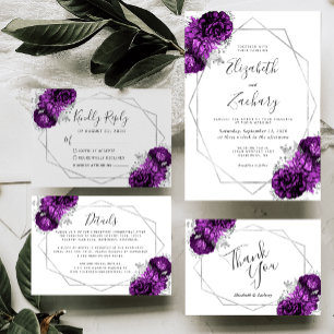 Lila Blumige Silber Weiße Geometrische Hochzeit Dankeskarte