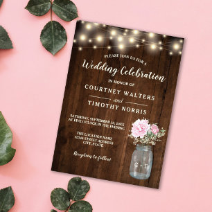 Rustikales Holz Pink Peony Floral Mason Jar   Hoch Einladung